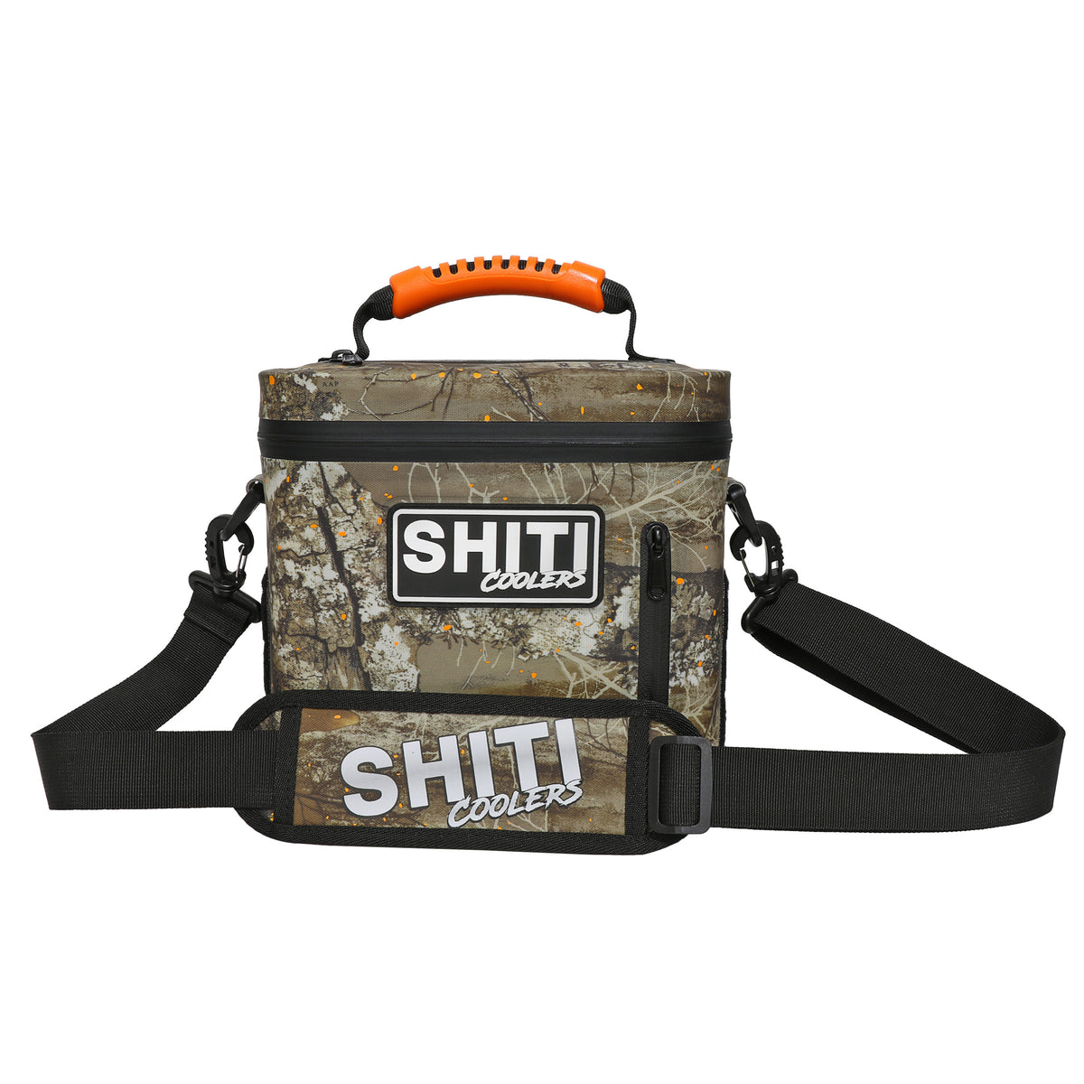Realtree Soft Cooler - 6 Can features a camouflage design, sturdy handle, and adjustable shoulder strap for easy transport.
