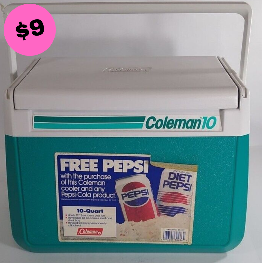 Used Coleman lunch cooler in teal and white with a 10-quart capacity, featuring a promotional Pepsi advertisement.