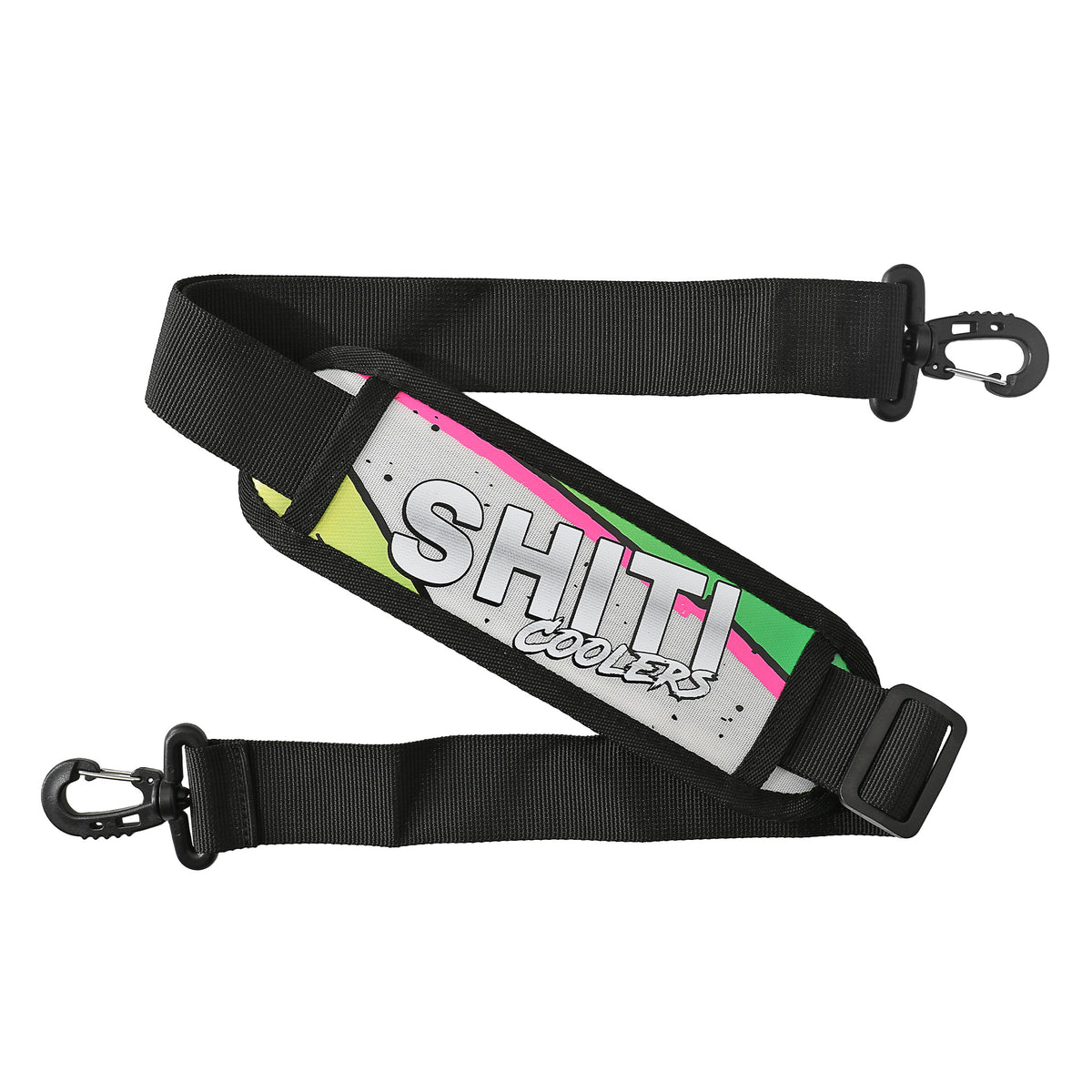 Adjustable padded shoulder strap for Boozer Soft Cooler, featuring a colorful SHITI Coolers logo and sturdy clips.
