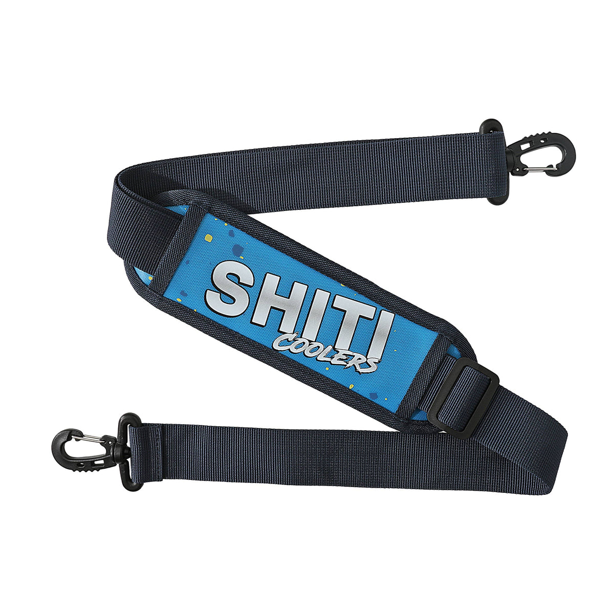 Adjustable shoulder strap for the Aquaholic Soft Cooler, featuring a vibrant blue design with the SHITI Coolers logo.