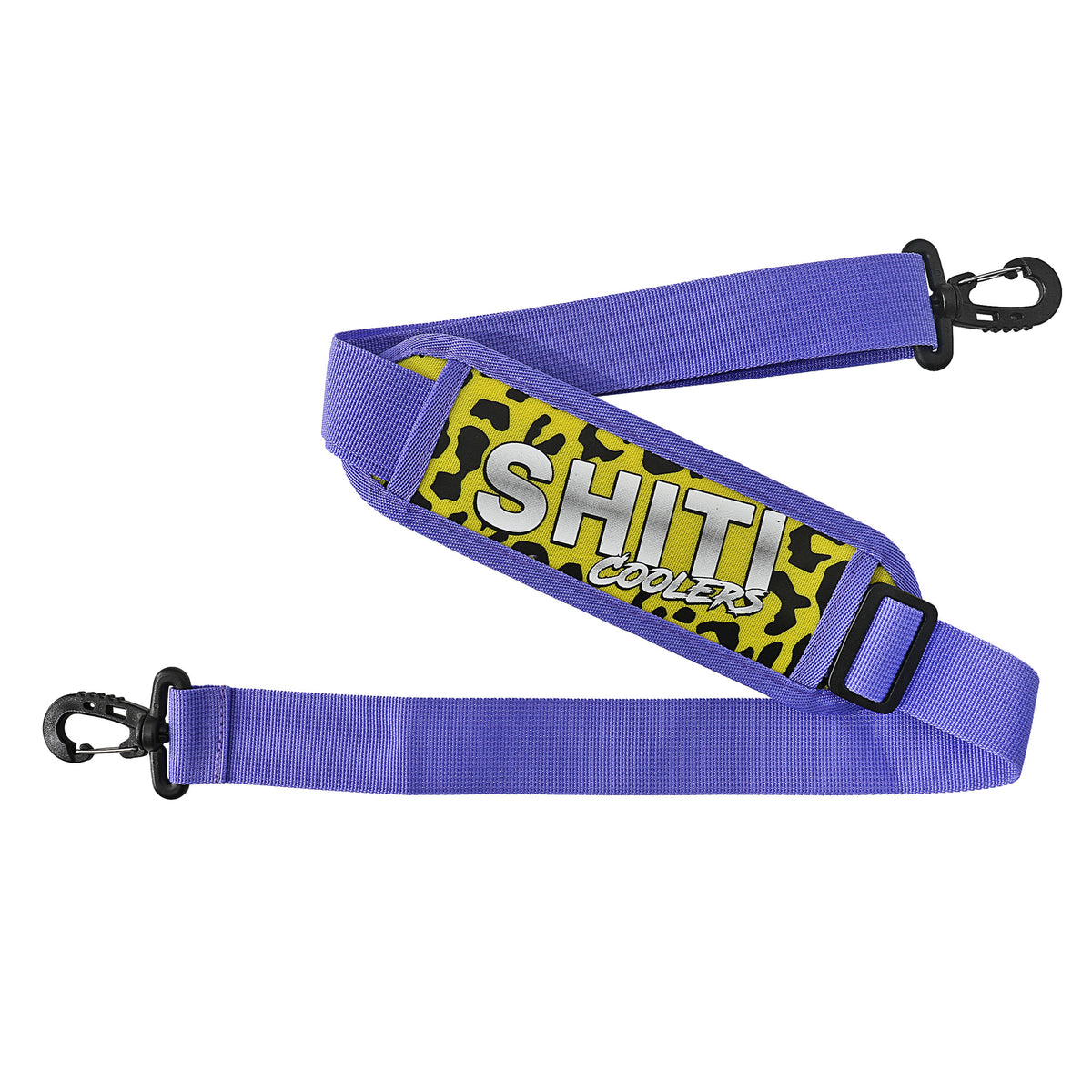 Purple adjustable strap for Panty Dropper Soft Cooler, featuring a bold SHITI Coolers logo and a camouflage design.