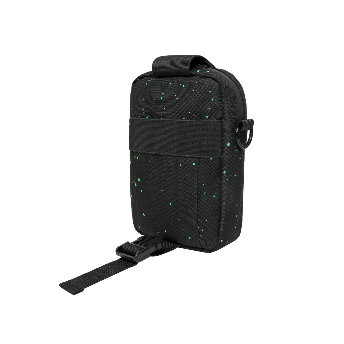 Customizable black cooler attachment with green speckles, featuring a strap and clip for easy access and portability.