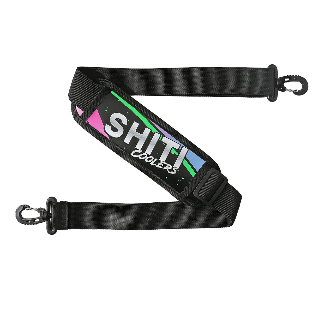 Black adjustable shoulder strap for the Midnight Rider Soft Cooler, featuring a colorful SHITI Coolers logo.