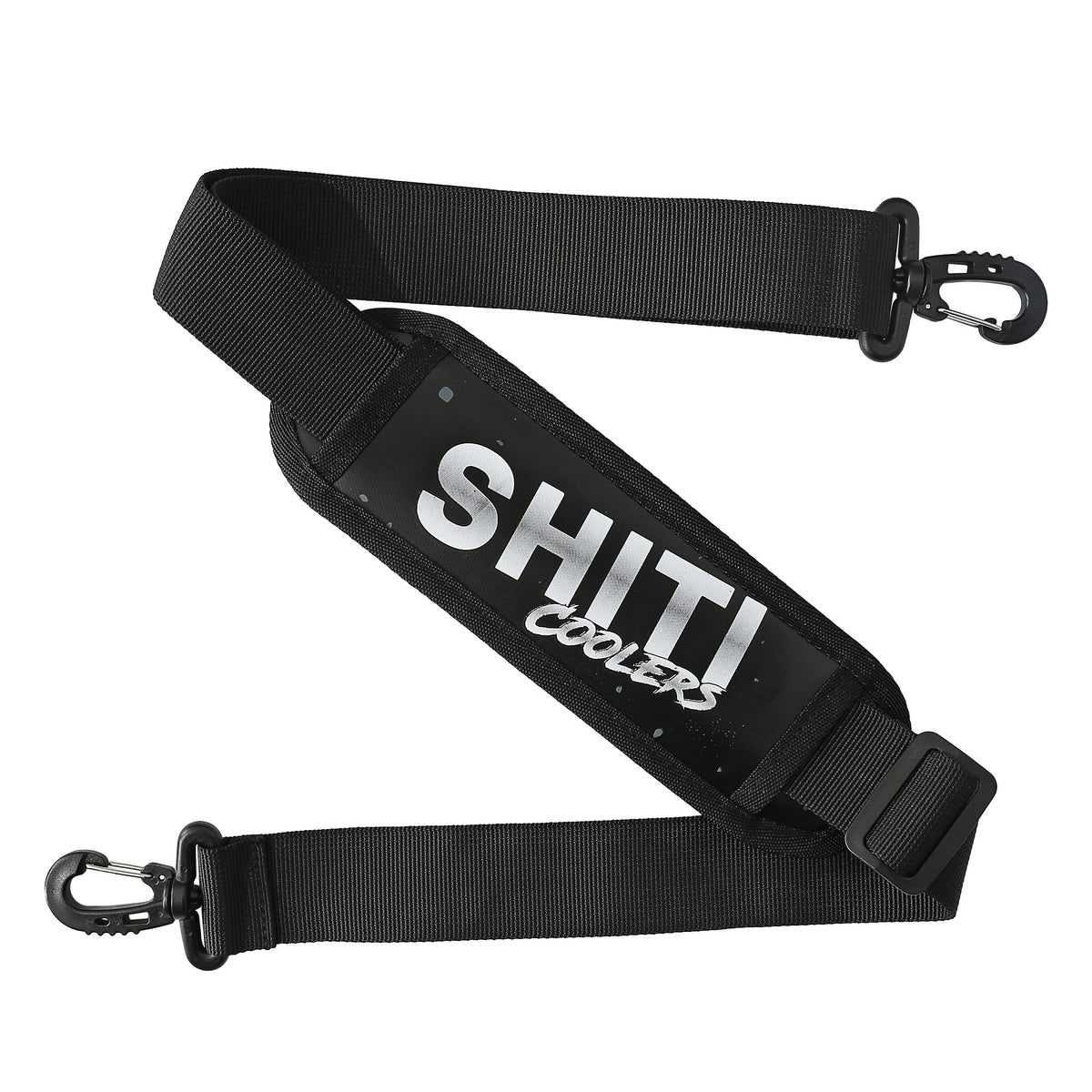 Adjustable black shoulder strap for the Blackout Soft Cooler, featuring a logo and sturdy clips for easy attachment.