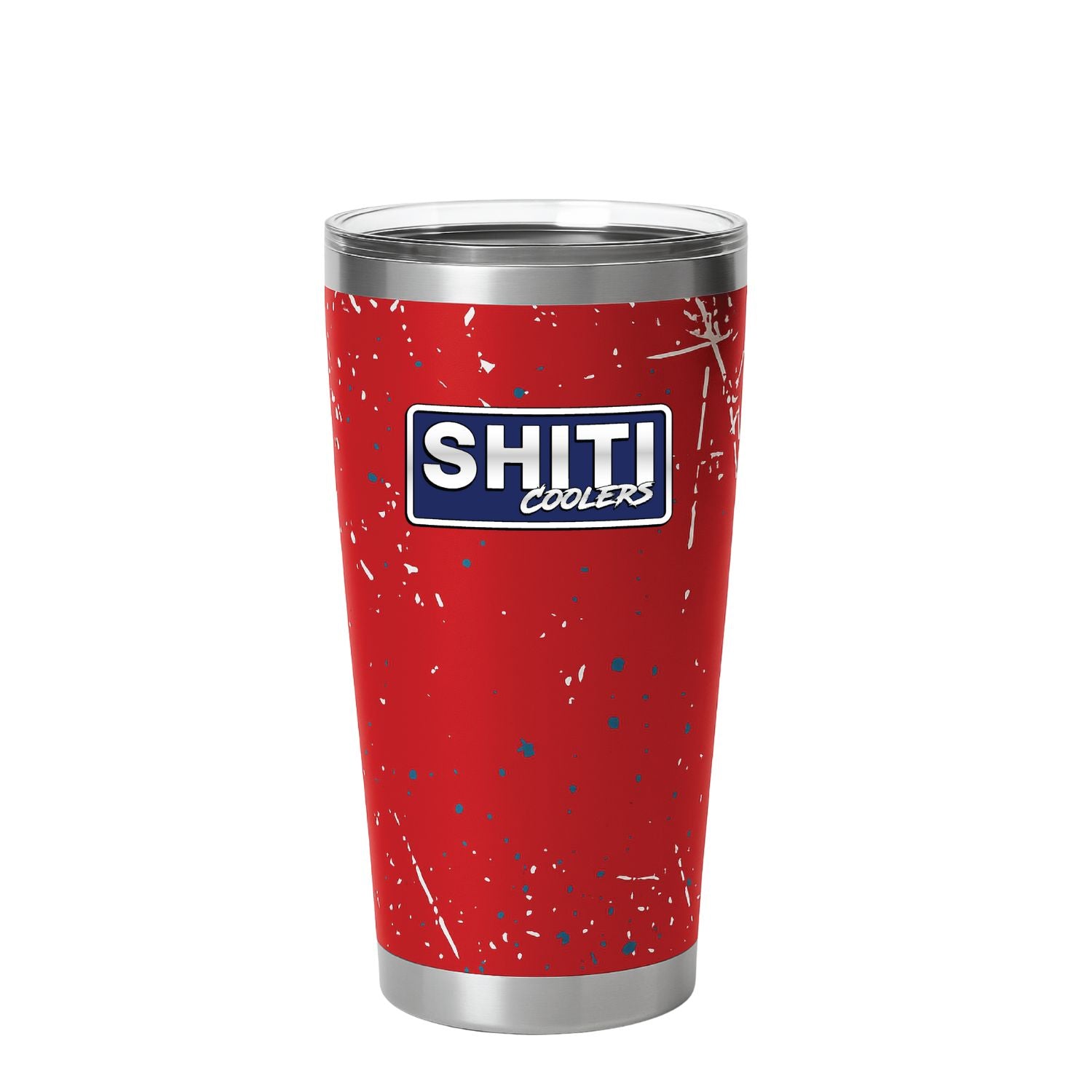 Red Patriot Stumbler Cup with a stainless steel base and a splatter design, featuring the SHITI Coolers logo.