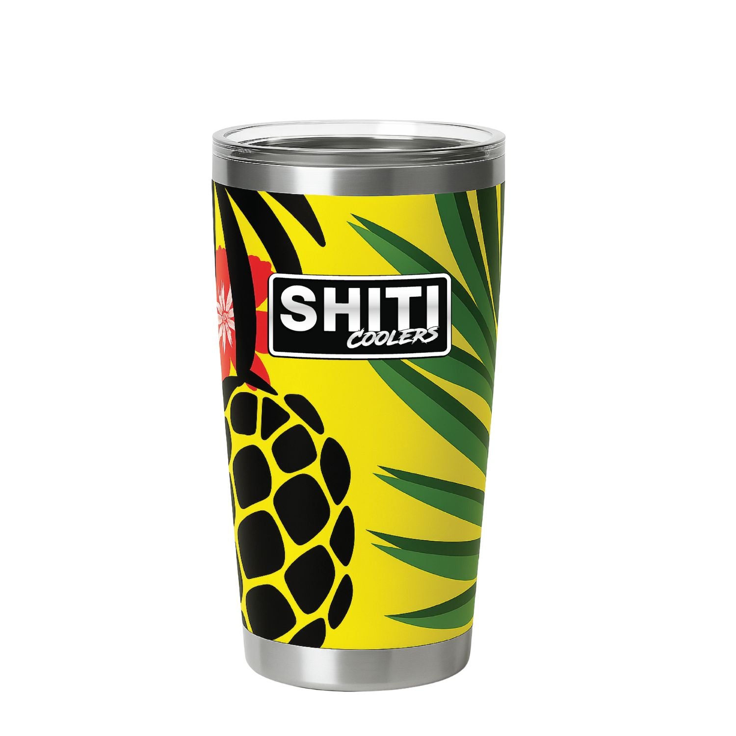 Vibrant yellow Getaway Stumbler Cup featuring tropical pineapple and palm leaf designs, branded with SHITI Coolers logo.