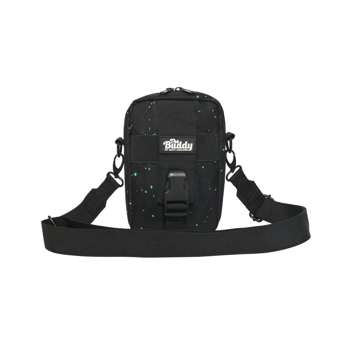 Customizable black cooler bag with green speckles, featuring a shoulder strap and clip for easy carrying.