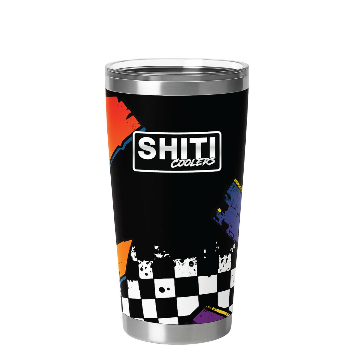 Fueler Stumbler Cup featuring a bold black design with colorful abstract patterns and the SHITI Coolers logo.