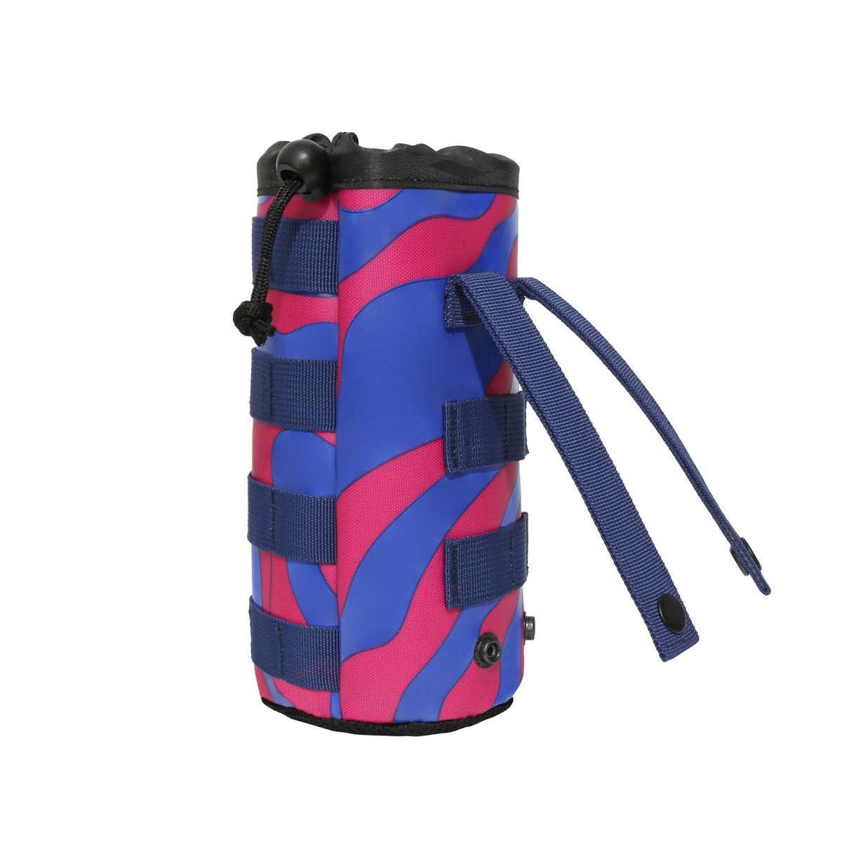 Colorful Daytripper drink sleeve attachment featuring a vibrant pink and blue design, with adjustable straps and a secure closure.
