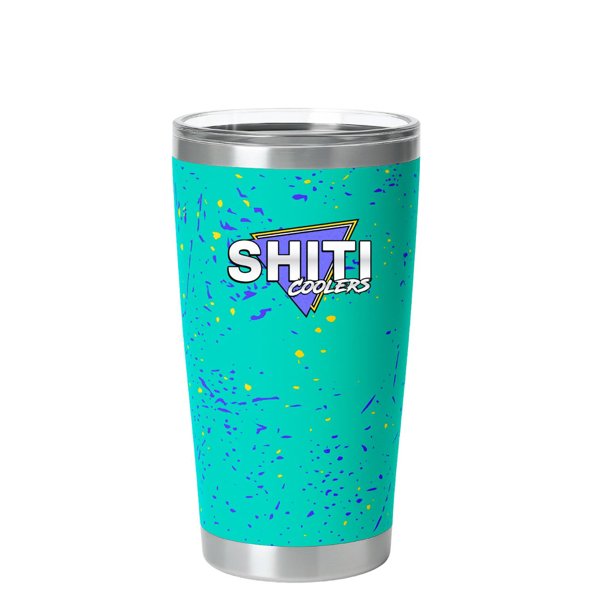 Vibrant teal tumbler cup with colorful splatter design and SHITI Coolers logo, ideal for drinks on the go.