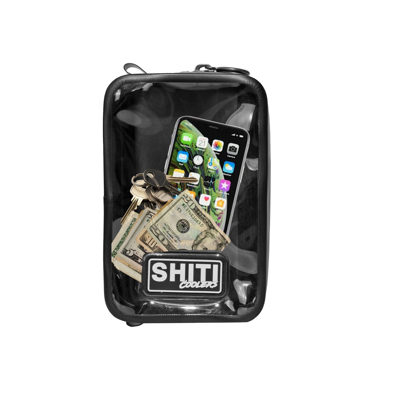 Waterproof storage attachment holding a phone, keys, and cash, designed for secure outdoor use.