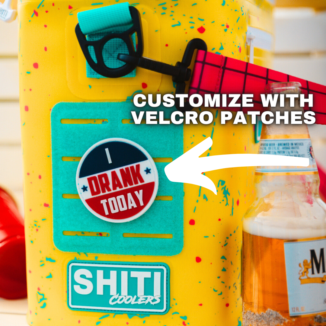 Bright yellow soft cooler designed for 12 cans, featuring customizable Velcro patches and a playful design.