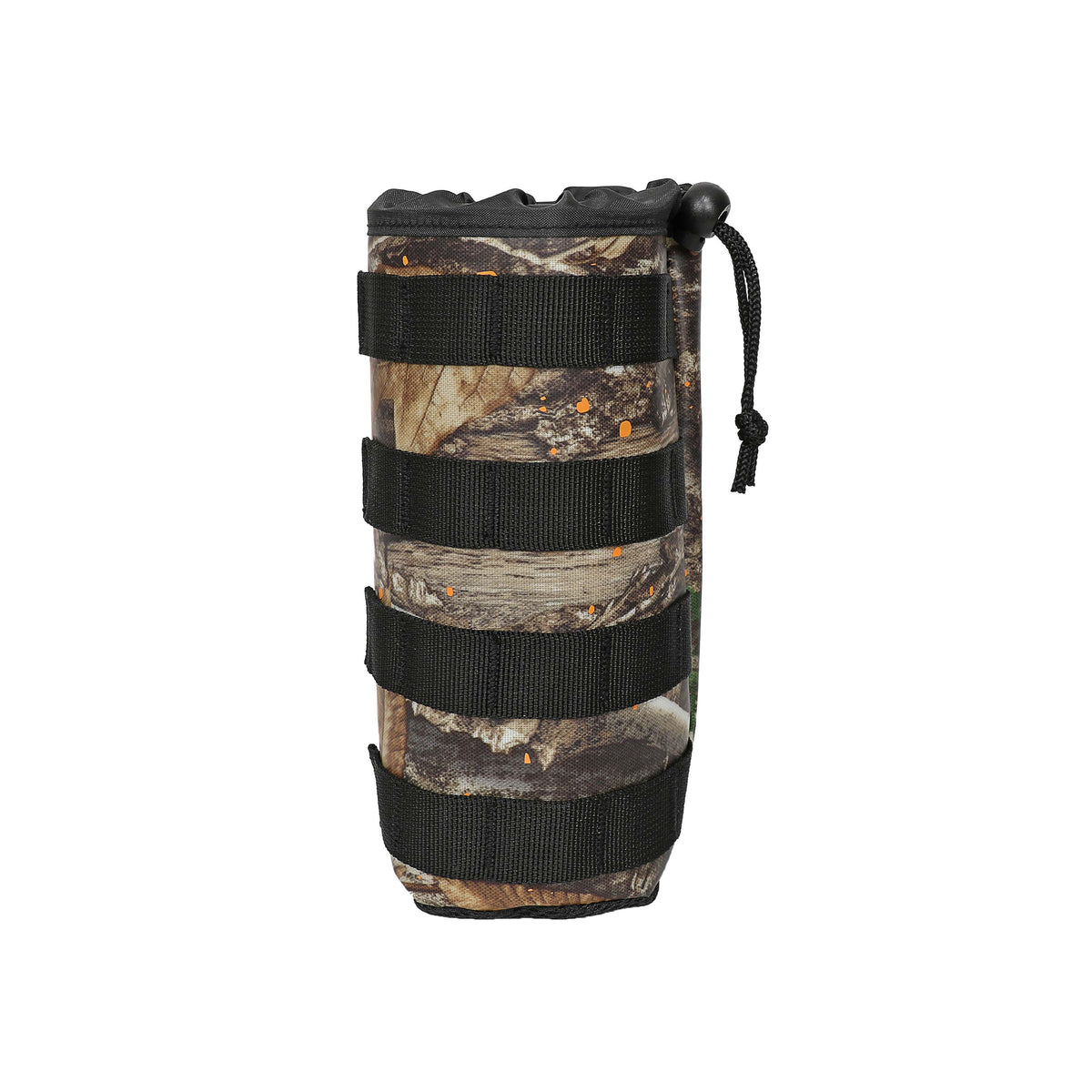 Camo drink sleeve attachment with adjustable straps for secure fit, designed for outdoor use and easy portability.
