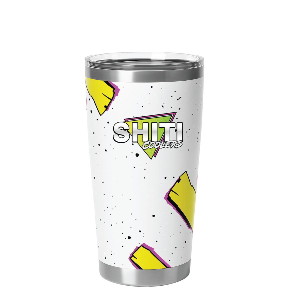 Boozer Stumbler Cup featuring a white background with colorful geometric designs and the SHITI Coolers logo.