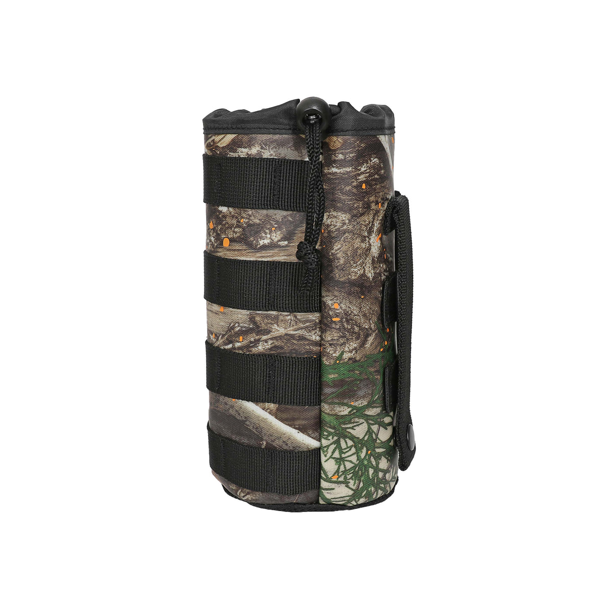 Realtree camouflage drink sleeve attachment with adjustable straps for secure beverage storage and transport.