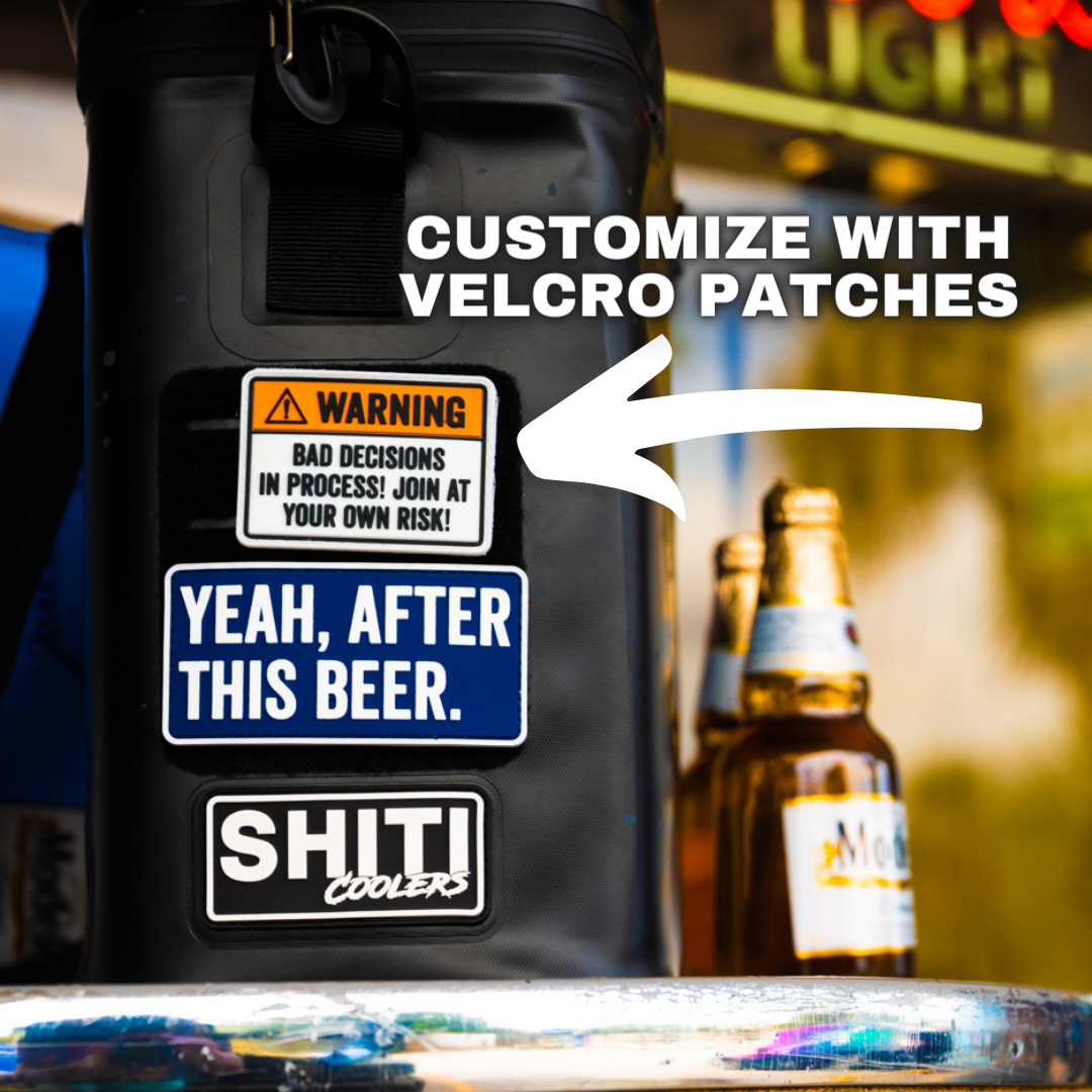 Blackout Soft Cooler with customizable Velcro patches, featuring warning and fun stickers, ideal for outdoor activities.
