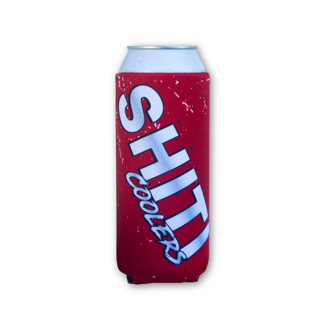 Red neoprene can cooler featuring bold white text that reads &quot;SHITI Coolers,&quot; designed for 24oz cans.