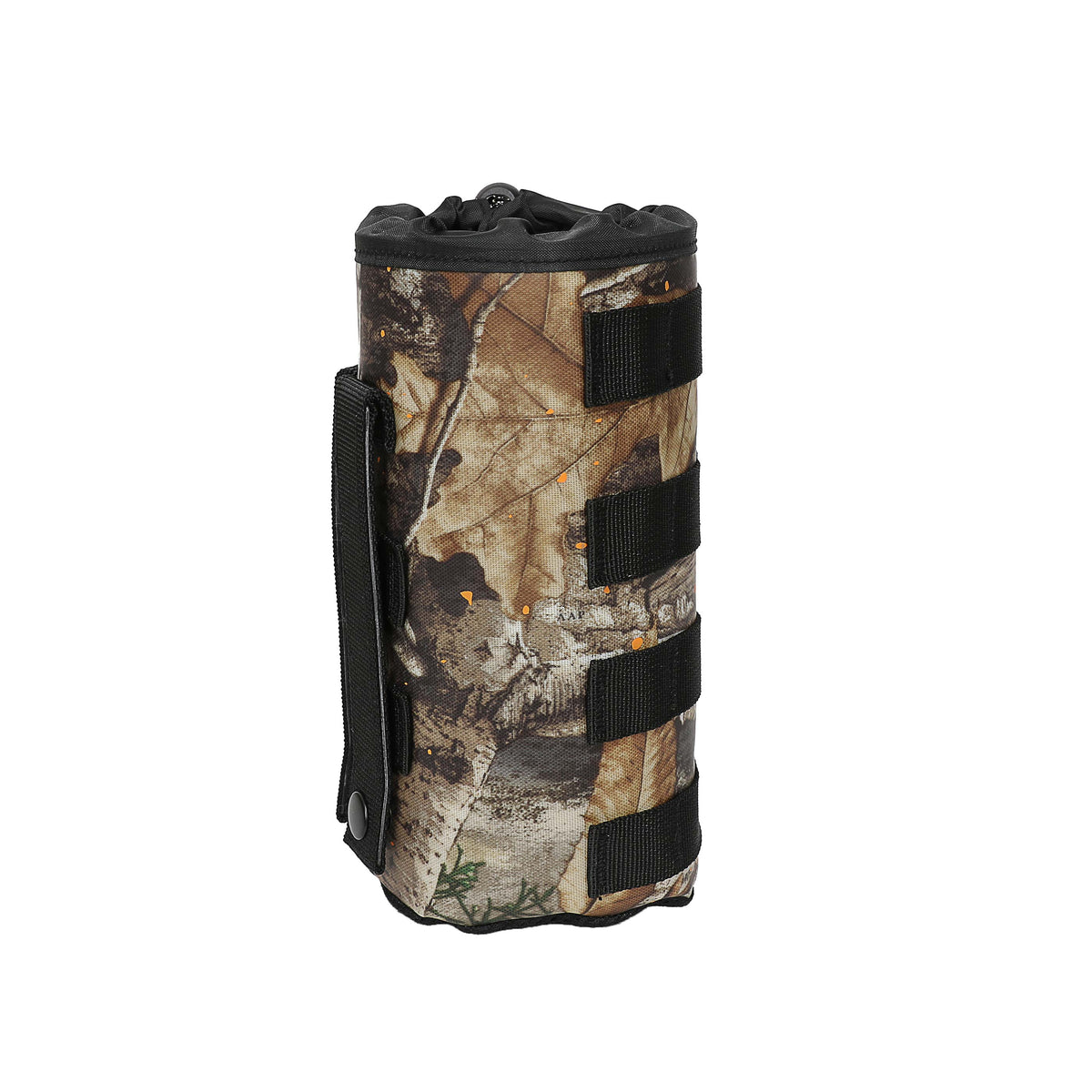 Camouflage drink sleeve attachment designed for outdoor use, featuring adjustable straps for secure fit.