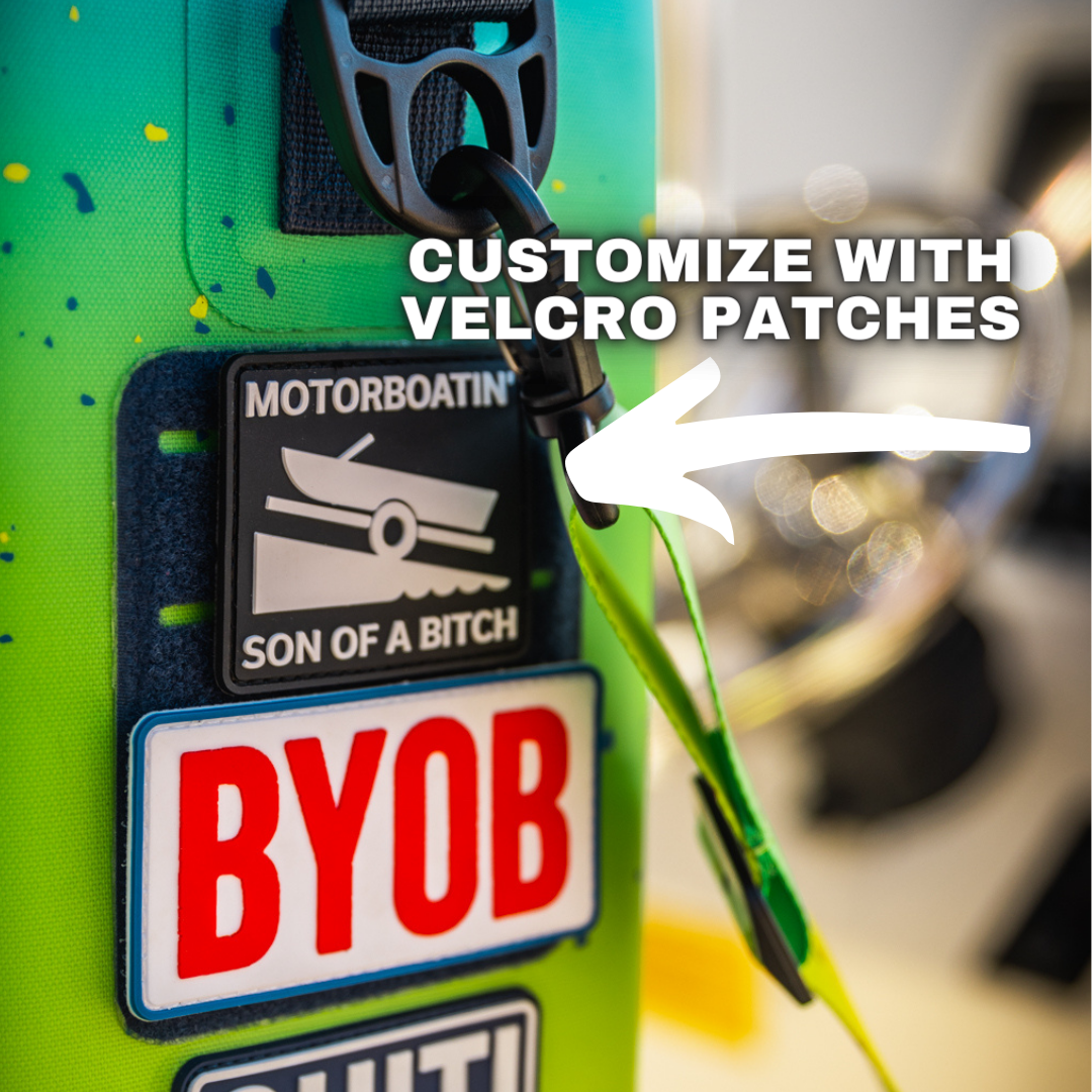 Aquaholic Soft Cooler featuring customizable Velcro patches and a vibrant green design, ideal for outdoor adventures.