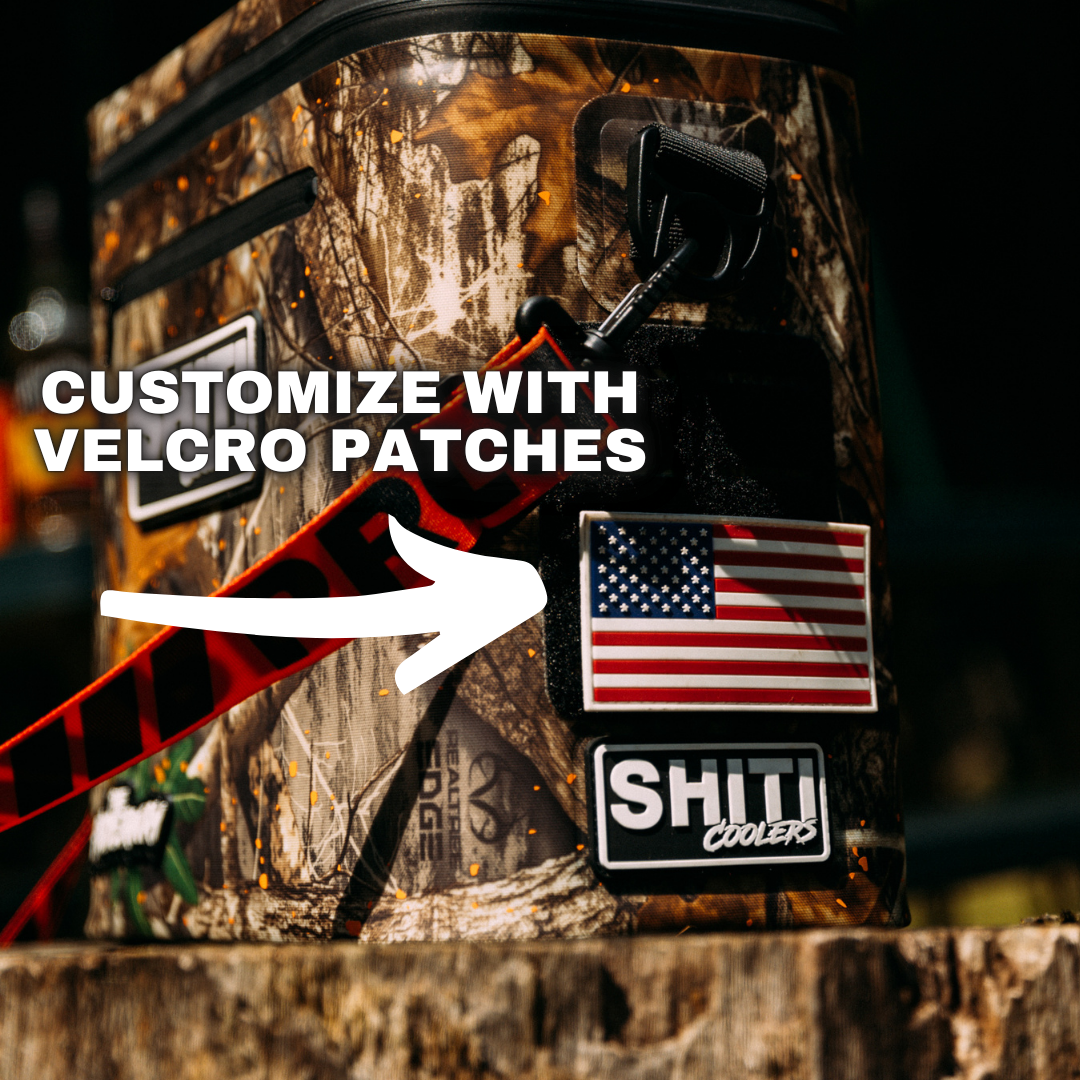 Realtree Soft Cooler in camouflage design with customizable Velcro patch area for personalization and patches.