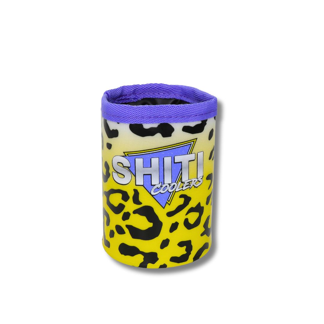 Vibrant yellow and purple leopard print can cooler featuring the SHITI Coolers logo, designed for 12oz cans.