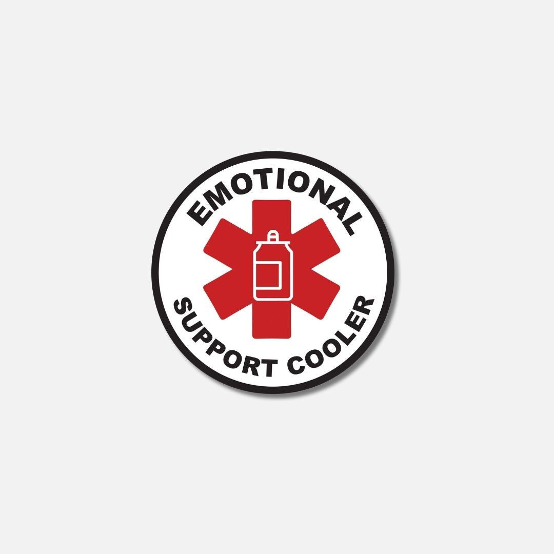 Round Velcro patch featuring a red star symbol and the text "Emotional Support Cooler" for customizable party coolers.