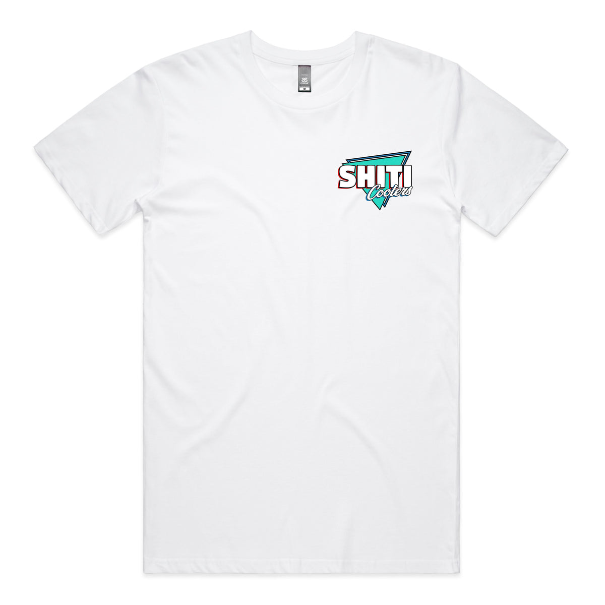 White t-shirt featuring the SHITI Coolers logo in a colorful retro design on the left chest area.