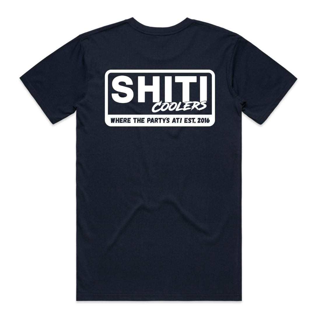 Navy blue t-shirt featuring the text &quot;SHITI Coolers&quot; and &quot;WHERE THE PARTY&#39;S AT! EST. 2016&quot; on the back.
