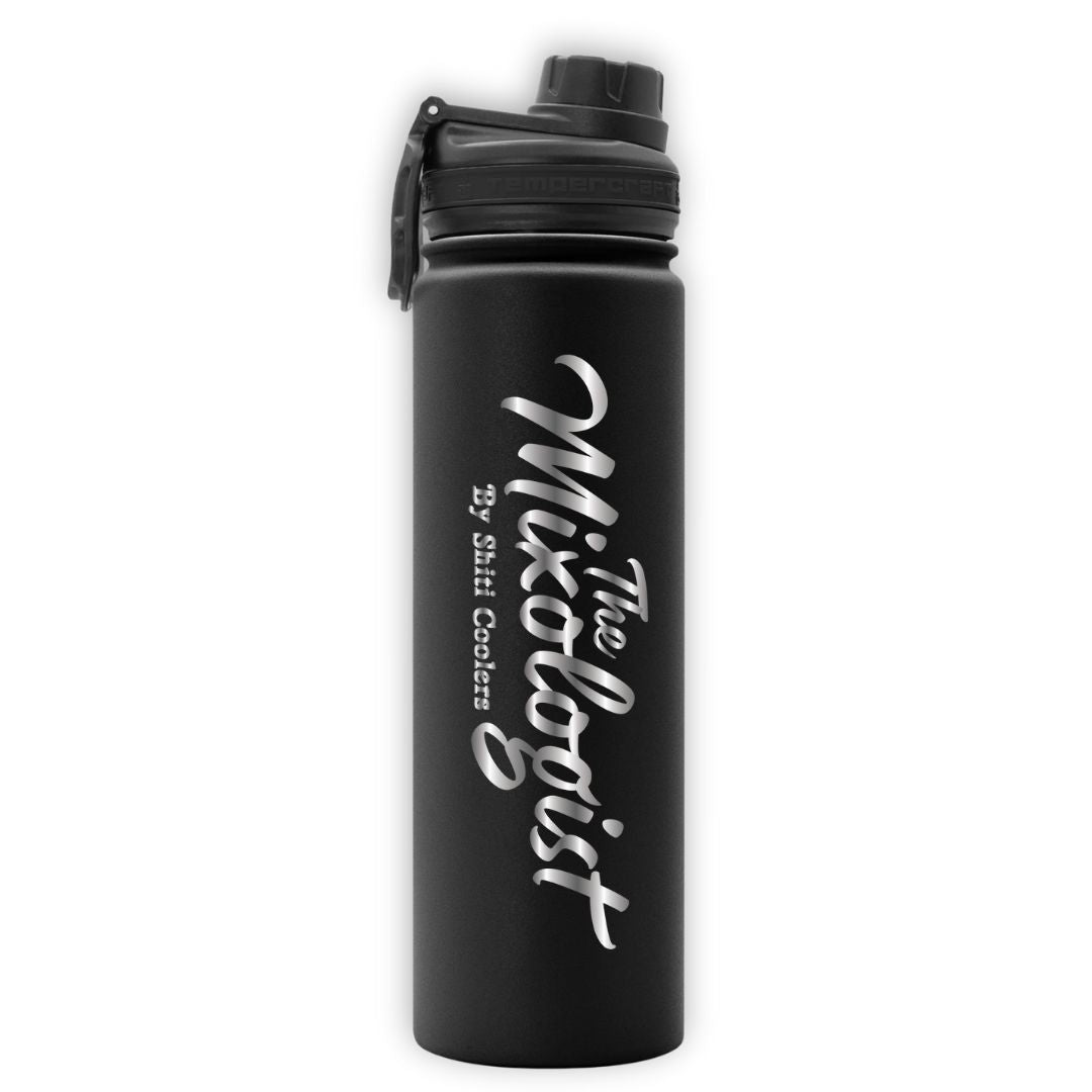 Black insulated water bottle with a sleek design and &quot;The Mixologist&quot; text prominently displayed.