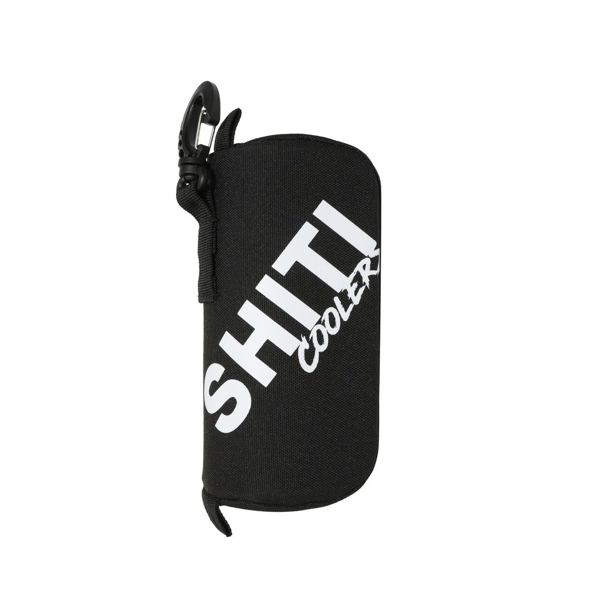 Black sunglasses case attachment with a clip, featuring bold white &quot;SHITI Cooler&quot; branding for easy access and style.