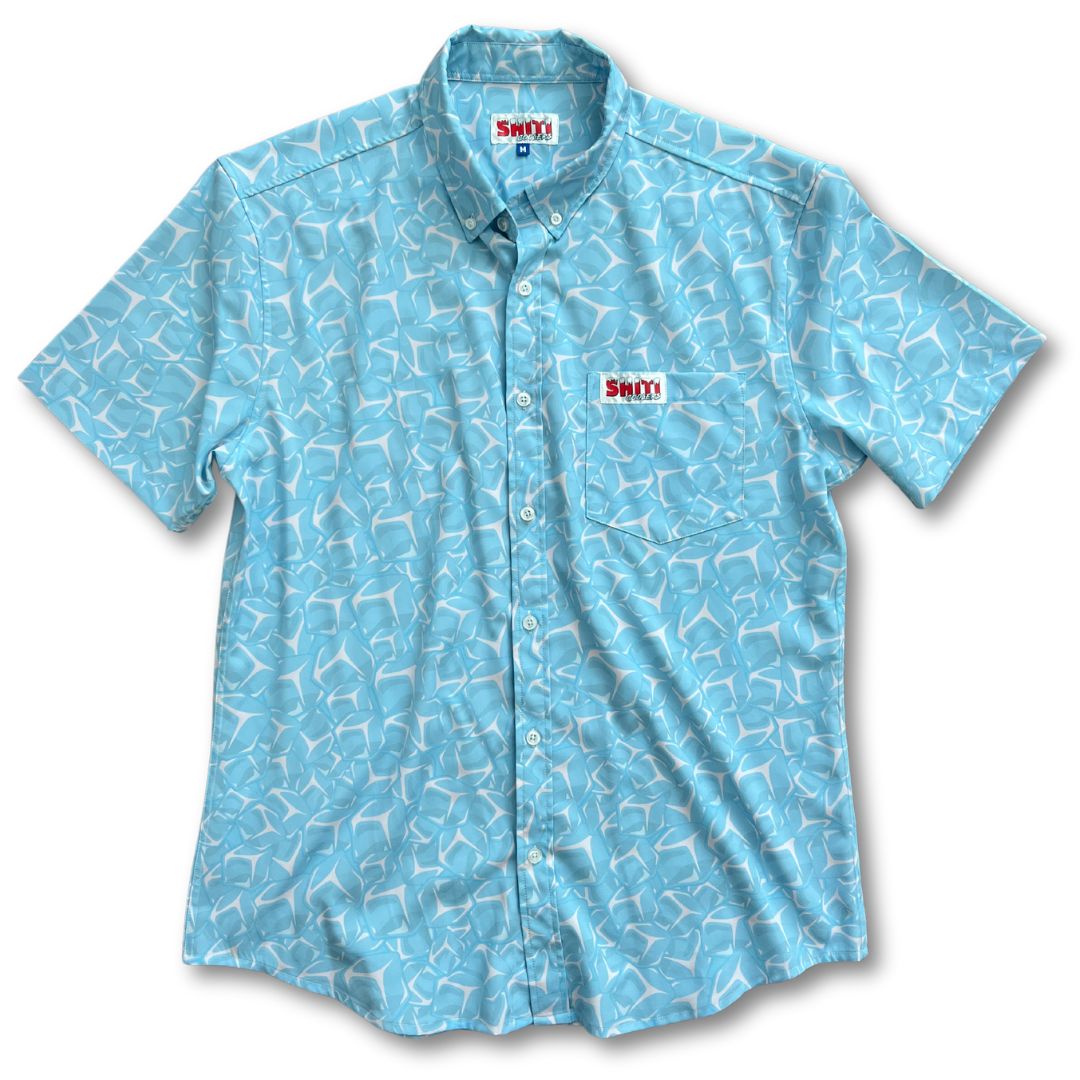 Light blue short-sleeve shirt featuring an ice cube pattern and a SHITI logo on the chest pocket.