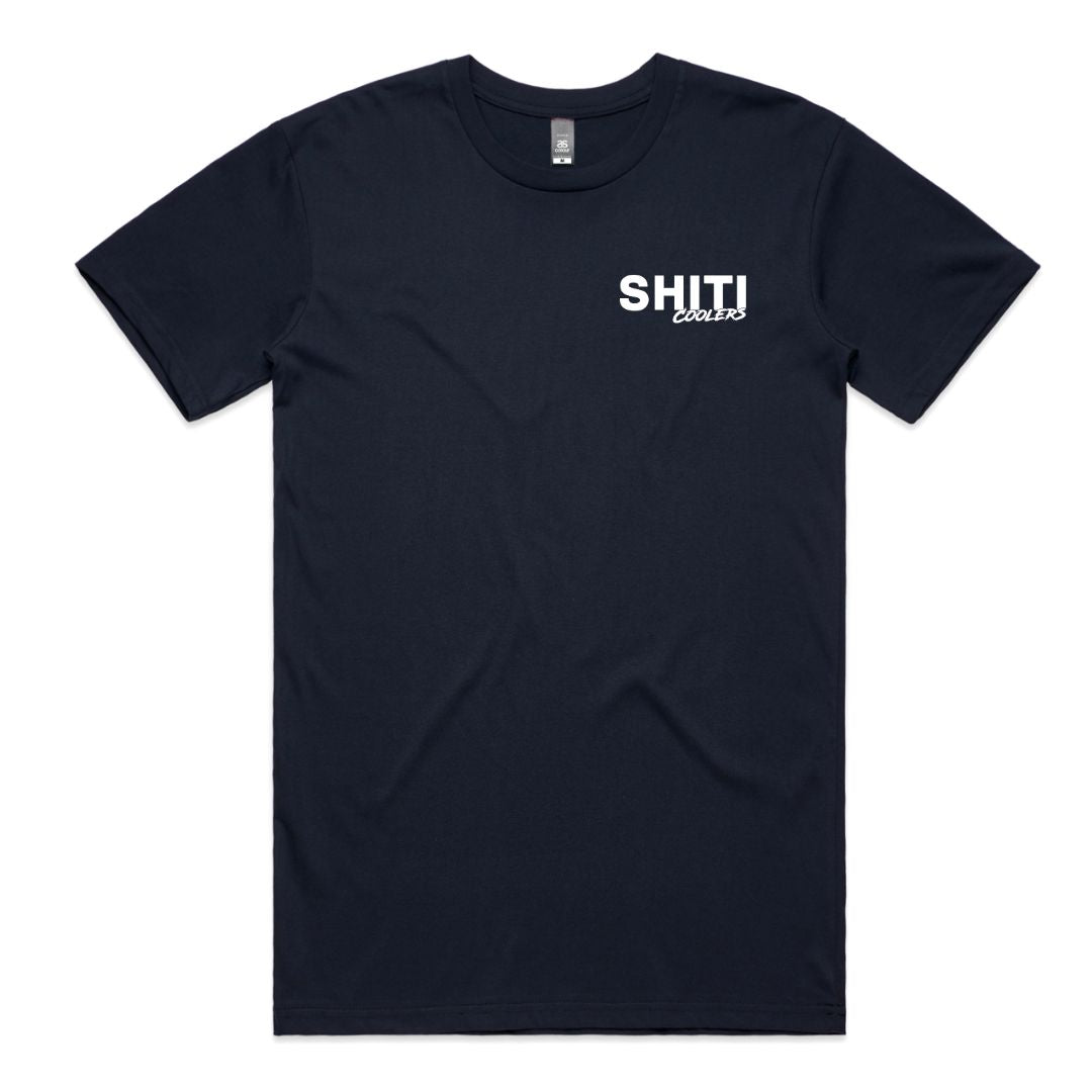 Navy blue t-shirt featuring the text &quot;SHITI Coolers&quot; in white on the left chest area.