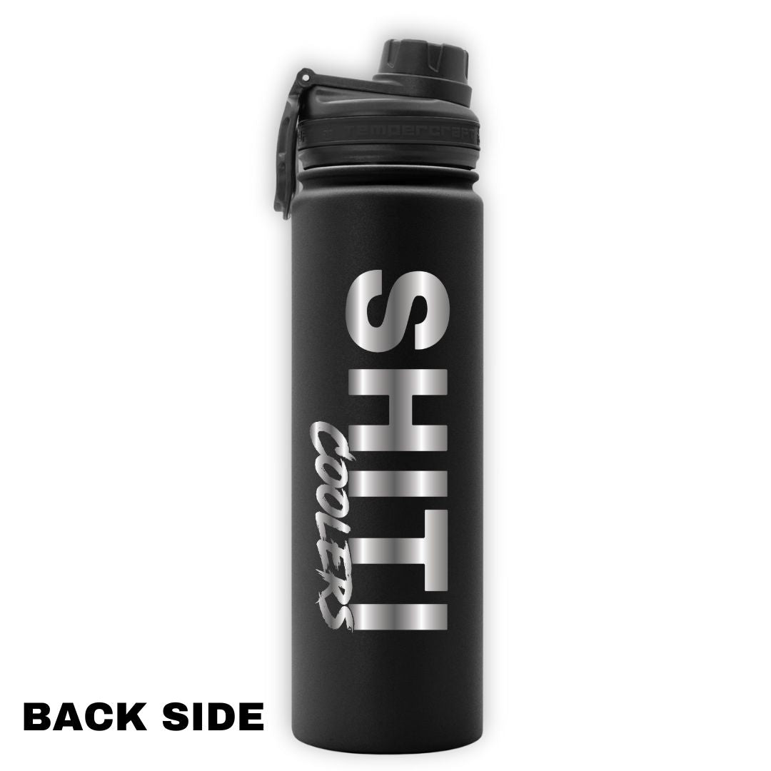 Back view of The Mixologist water bottle featuring a sleek black design and bold white &quot;SHITI Coolers&quot; branding.