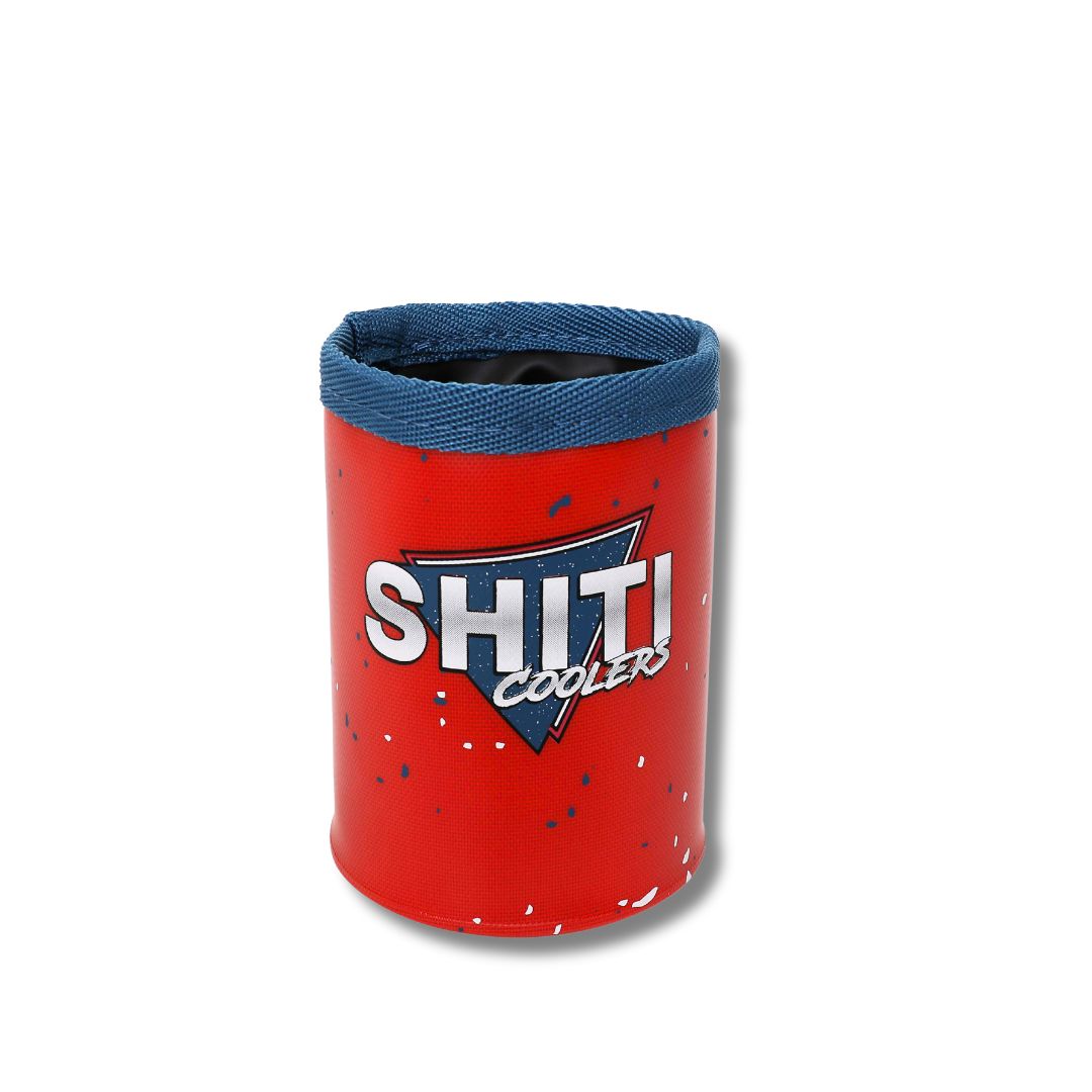 Red Patriot 12oz can cooler with a blue rim and SHITI Coolers logo, designed to keep beverages cold.