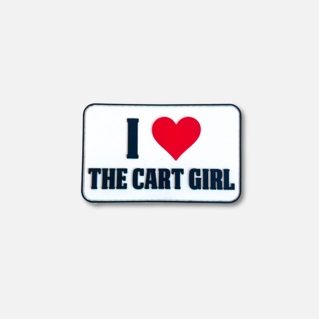 Velcro patch featuring the text &quot;I Love The Cart Girl&quot; in bold with a red heart, designed for customization.