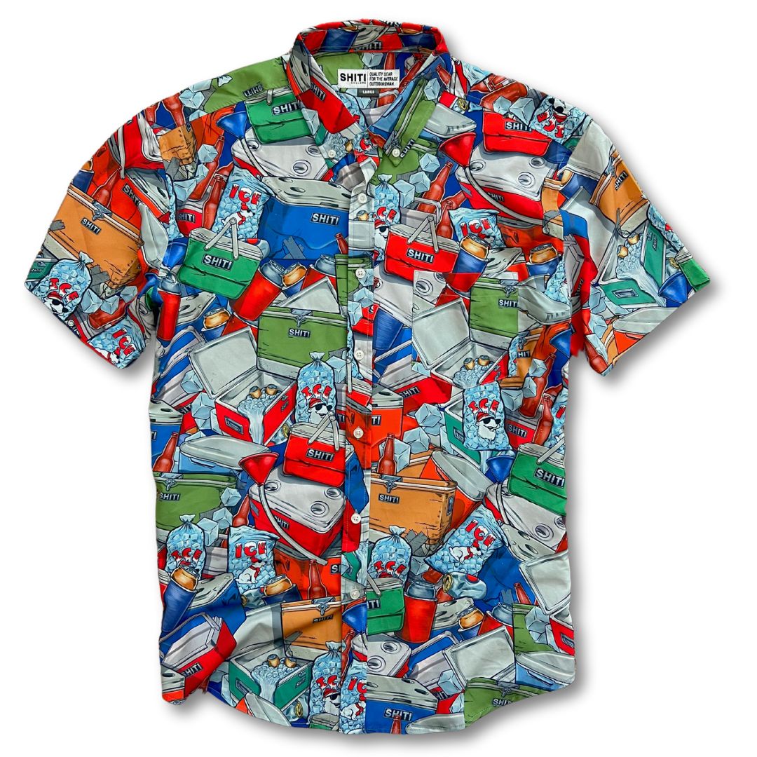 Colorful short-sleeve party shirt featuring a playful print of coolers, drinks, and party elements on a vibrant background.
