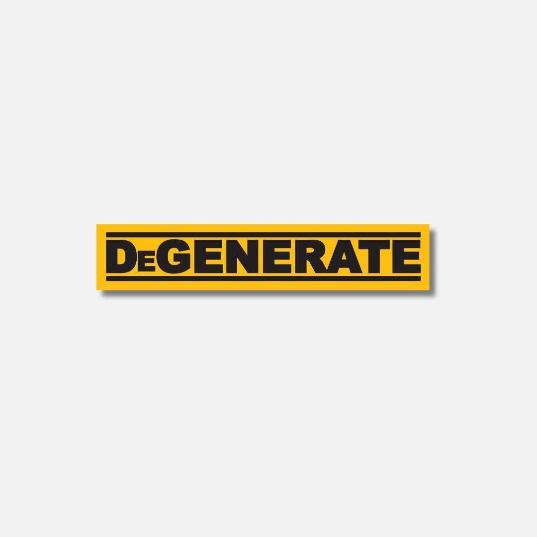 Yellow and black Velcro patch featuring the word "DeGenerate" in bold, stylized lettering.