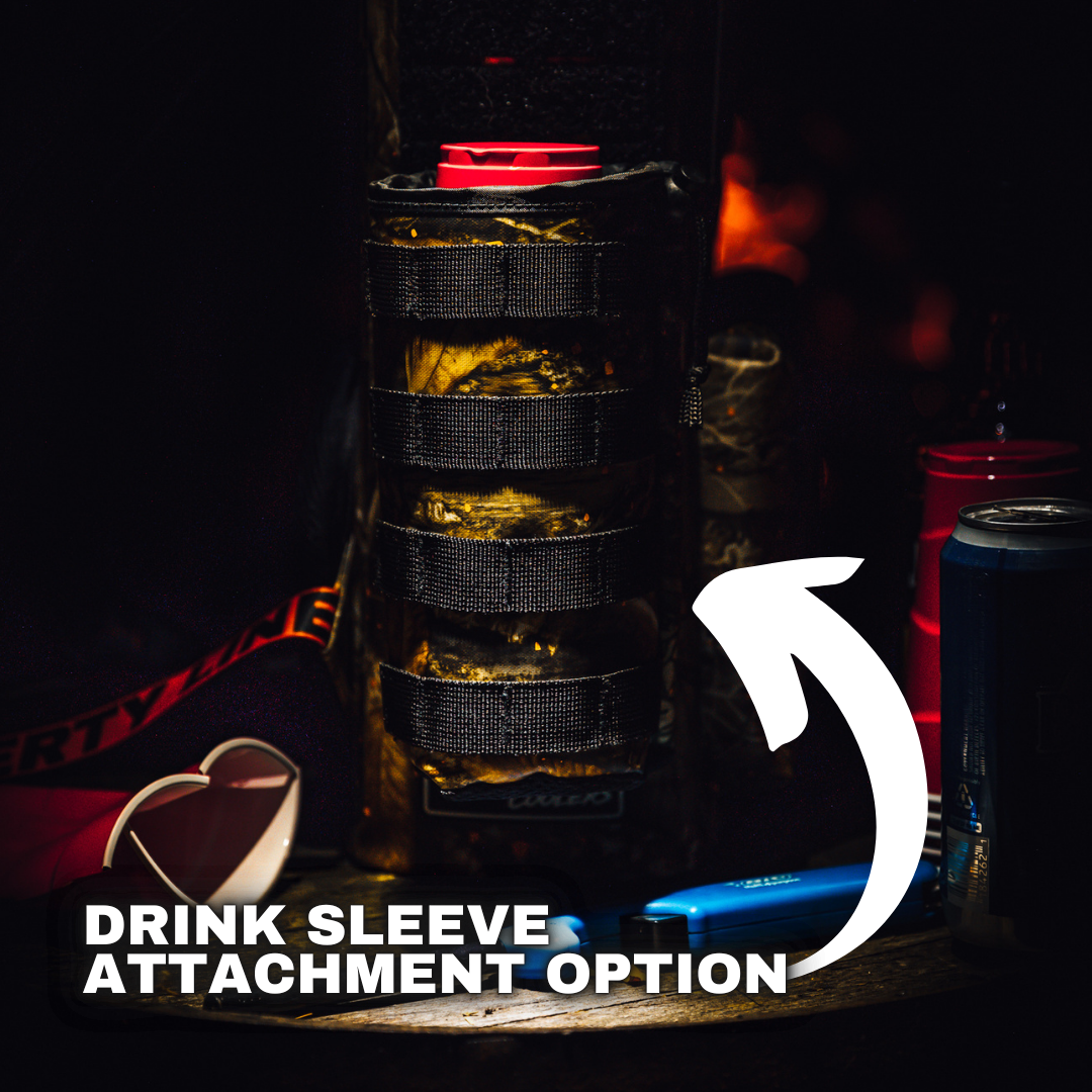 Realtree Soft Cooler with drink sleeve attachment option, designed for 12 cans, set against a dark background.