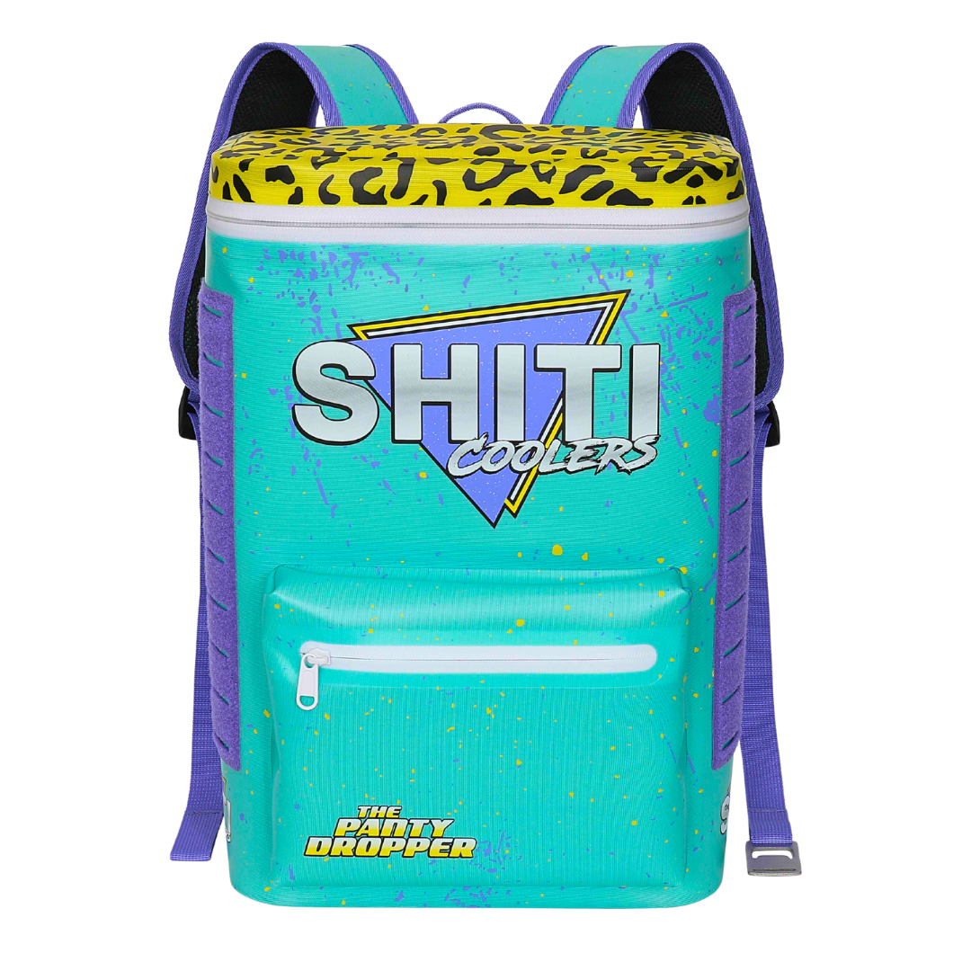 Vibrant Panty Dropper Backpack Cooler in teal with leopard print lid, featuring SHITI Coolers logo and front pocket.