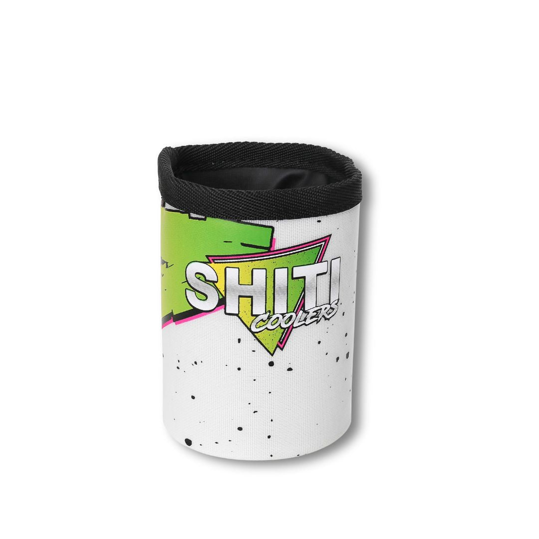 Boozer 12oz Can Cooler featuring a vibrant design with bold colors and the SHITI Coolers logo on a speckled background.