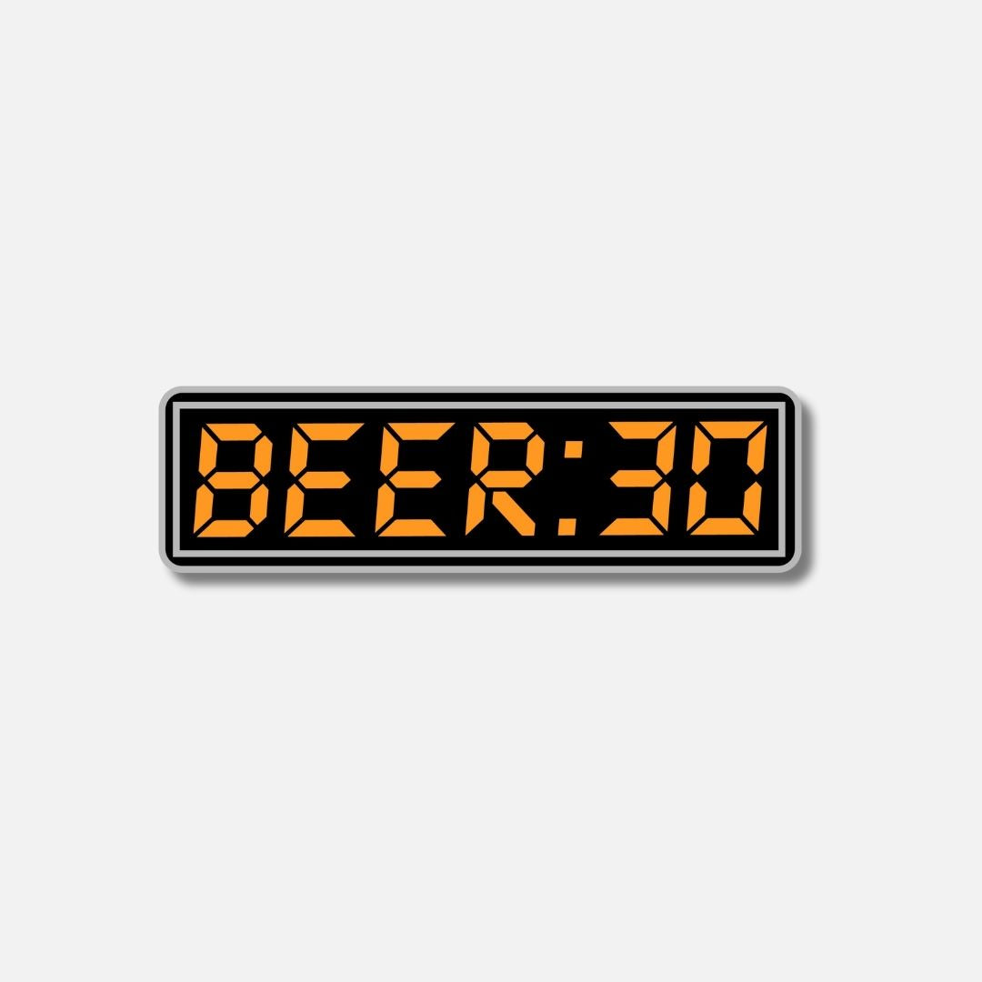 Velcro patch featuring a digital clock display reading &quot;BEER:30&quot; in bright orange on a black background.