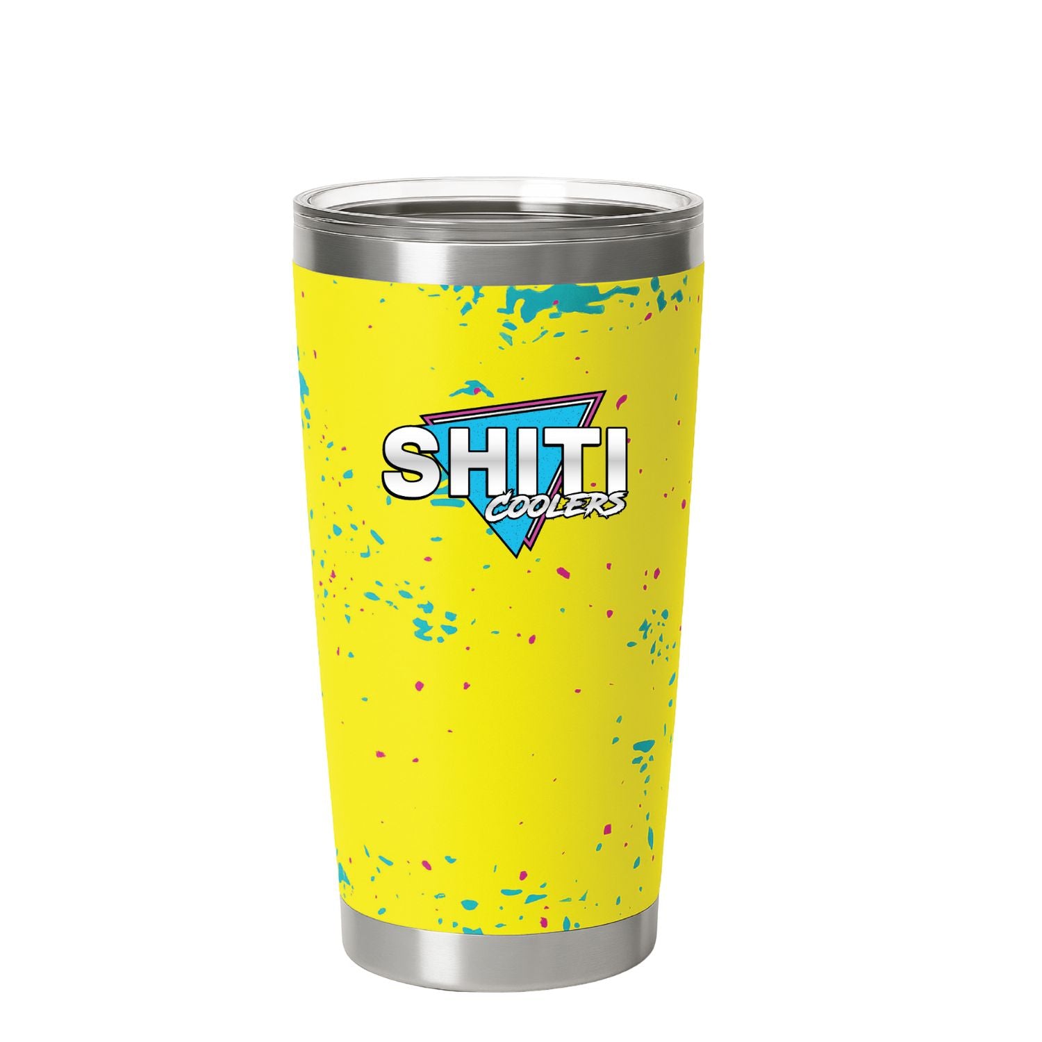Bright yellow tumbler cup with a colorful splatter design and SHITI Coolers logo, ideal for enjoying beverages on the go.