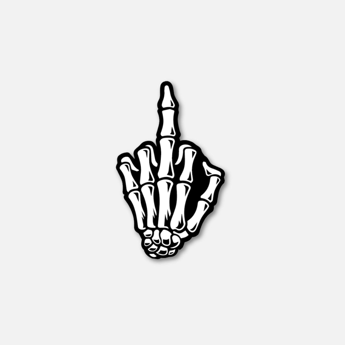 Skeleton finger patch featuring a stylized skeletal hand giving the middle finger in black and white design.