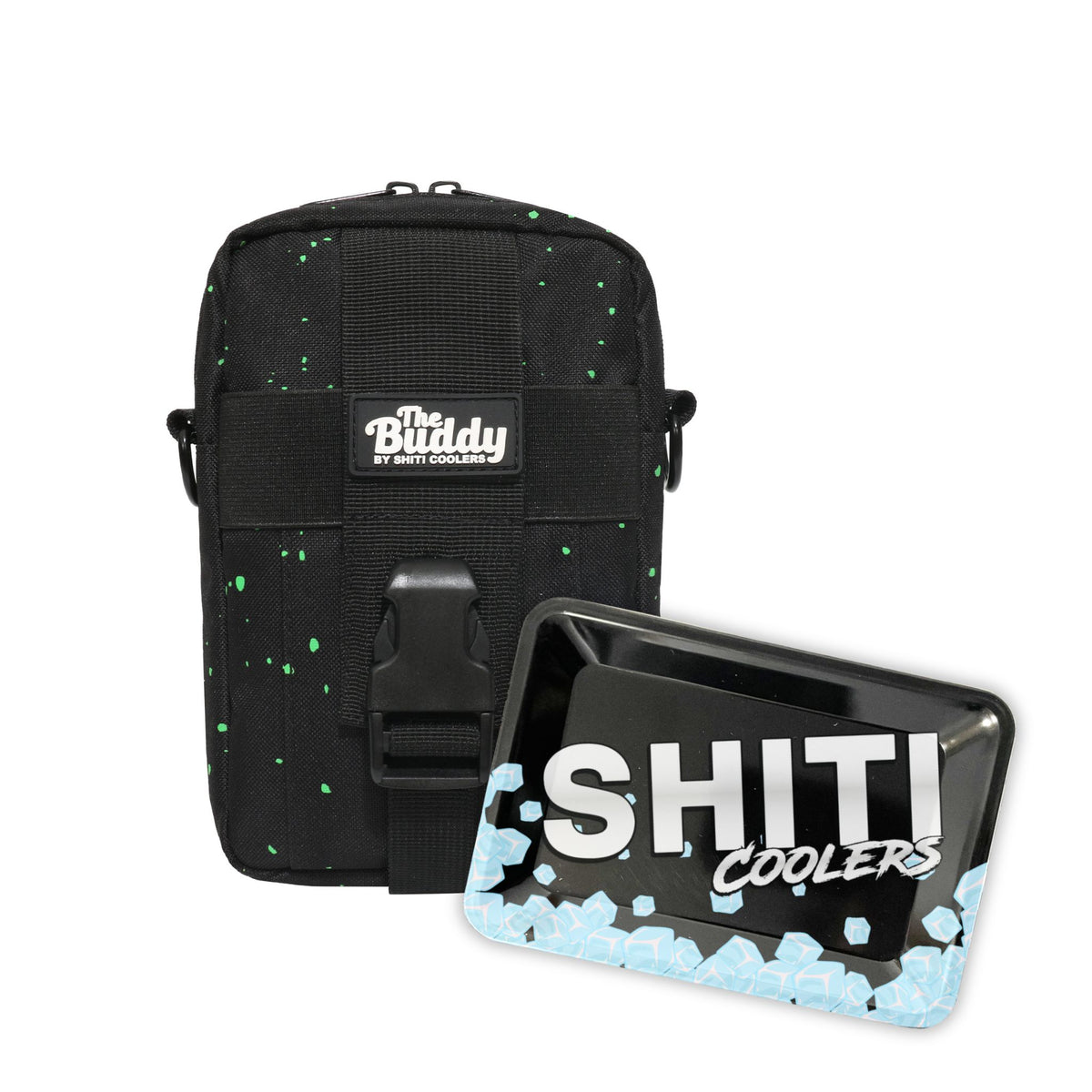 The Buddy Attachment features a black bag with a speckled design, paired with a black rolling tray displaying the SHITI Coolers logo.
