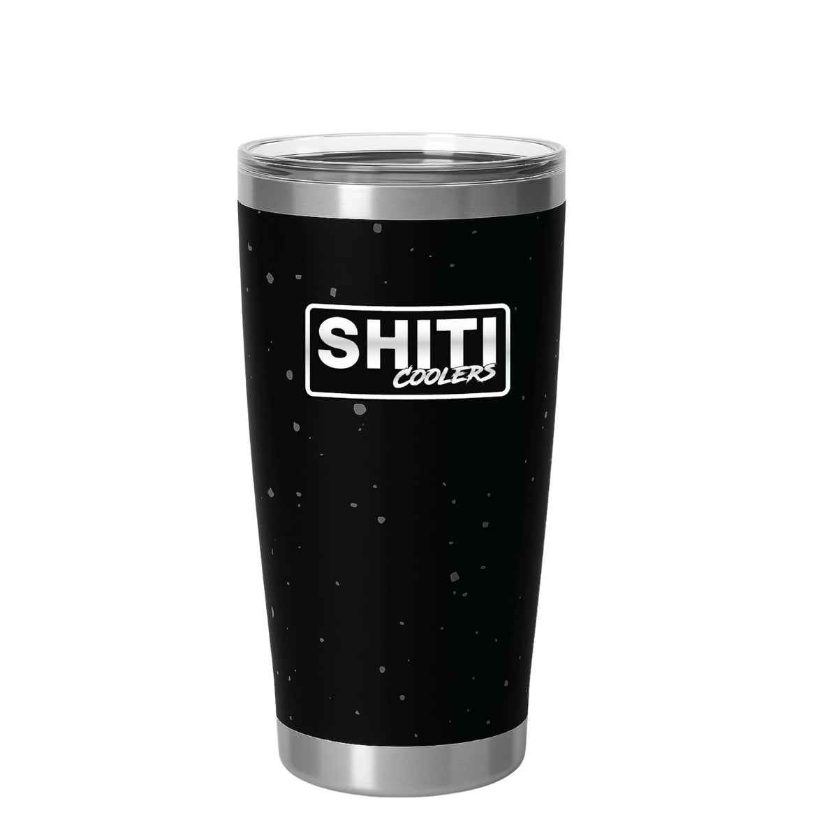 Blackout Stumbler Cup by SHITI Coolers, featuring a sleek black design with a silver rim and logo.