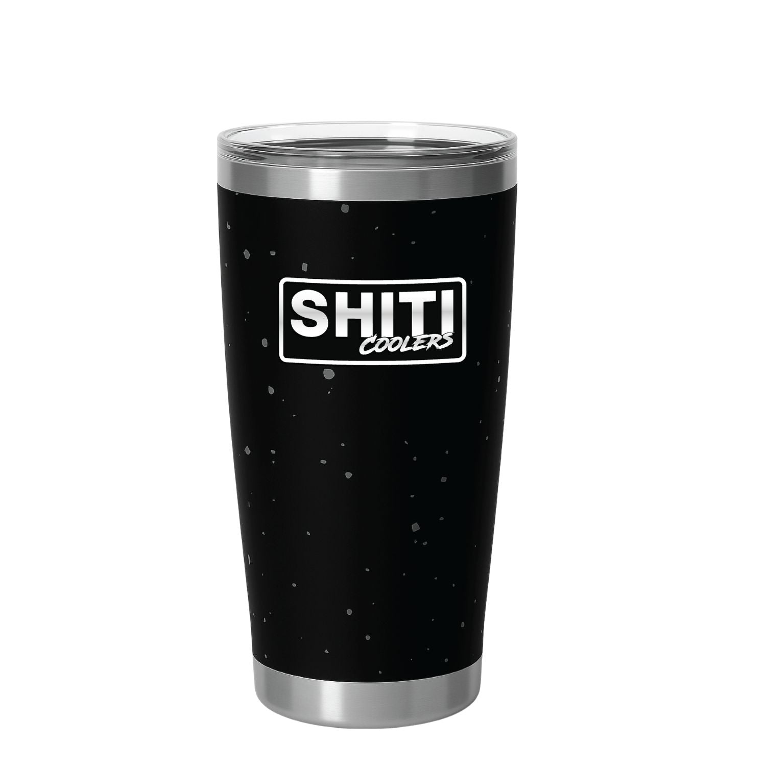 Blackout Stumbler Cup by SHITI Coolers, featuring a sleek black design with a silver rim and logo.