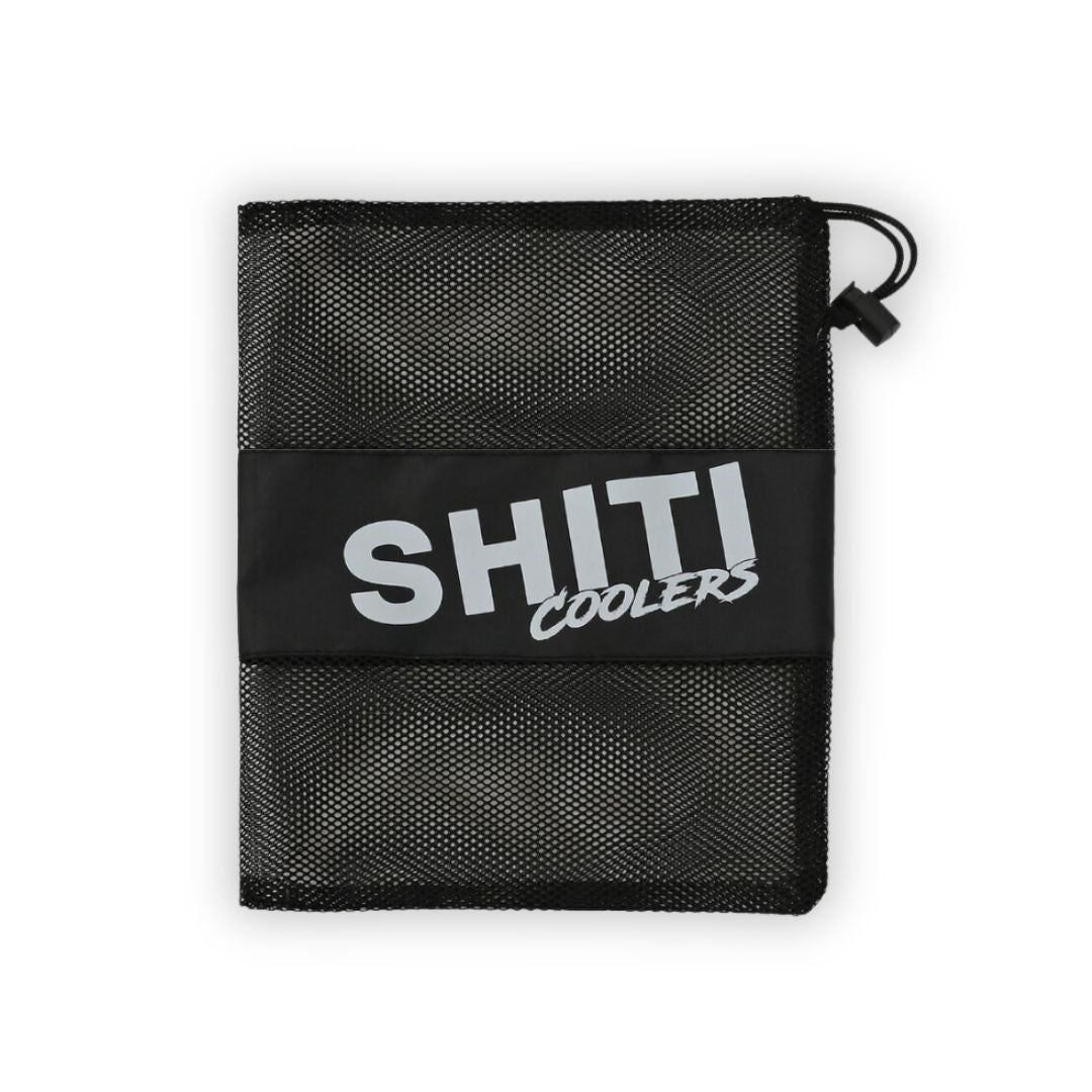 Black mesh accessory bag with a drawstring closure and a prominent white "SHITI Coolers" logo on the front.