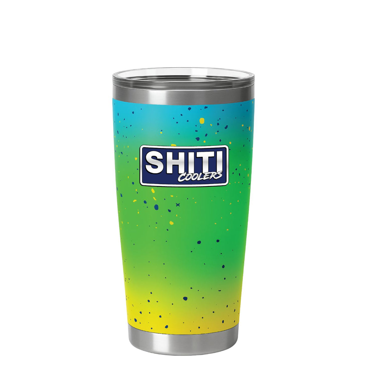 Vibrant Aquaholic Stumbler Cup featuring a gradient design in green and blue with a SHITI Coolers logo.