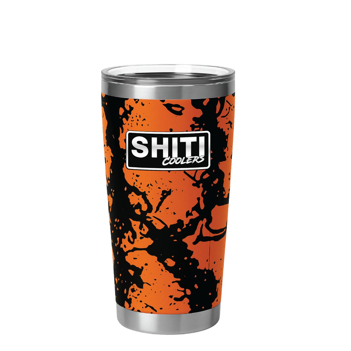Tracker Stumbler Cup in vibrant orange with a black marbled design, featuring the SHITI Coolers logo prominently displayed.