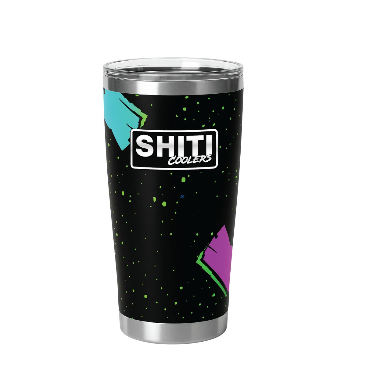 Midnight Rider Stumbler Cup featuring a black design with colorful geometric accents and the SHITI Coolers logo.